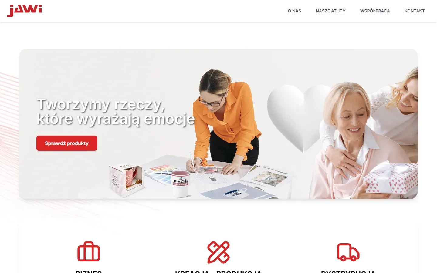 Zrzut ekranu strony JAWI - producent i dystrybutor upominków - widok desktop