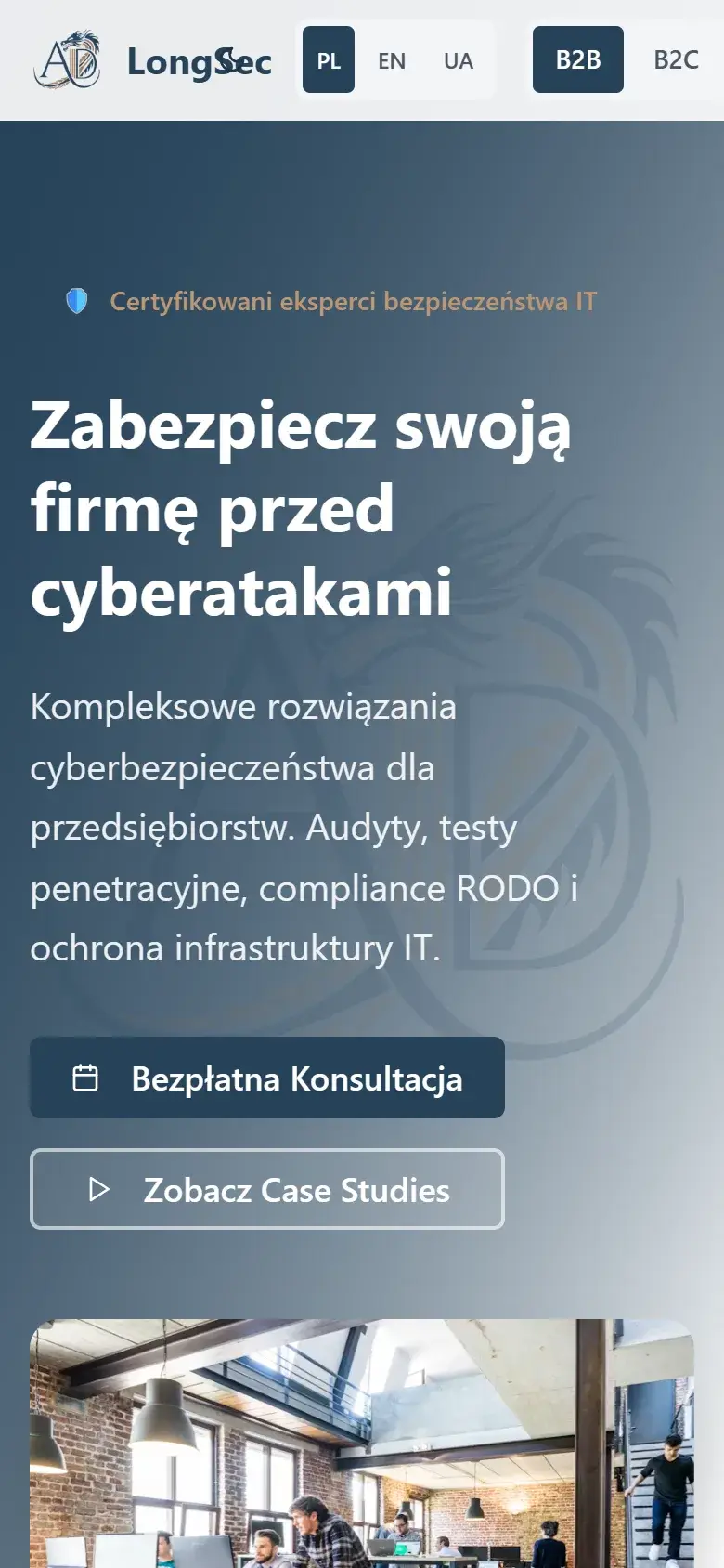 Zrzut ekranu strony LongSec - usługi IT i cyberbezpieczeństwo - widok mobilny