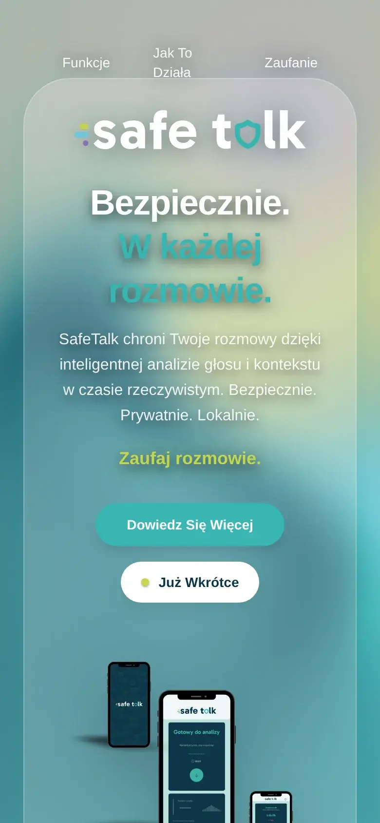 Zrzut ekranu strony SafeTalk - landing z shaderami WebGL - widok mobilny