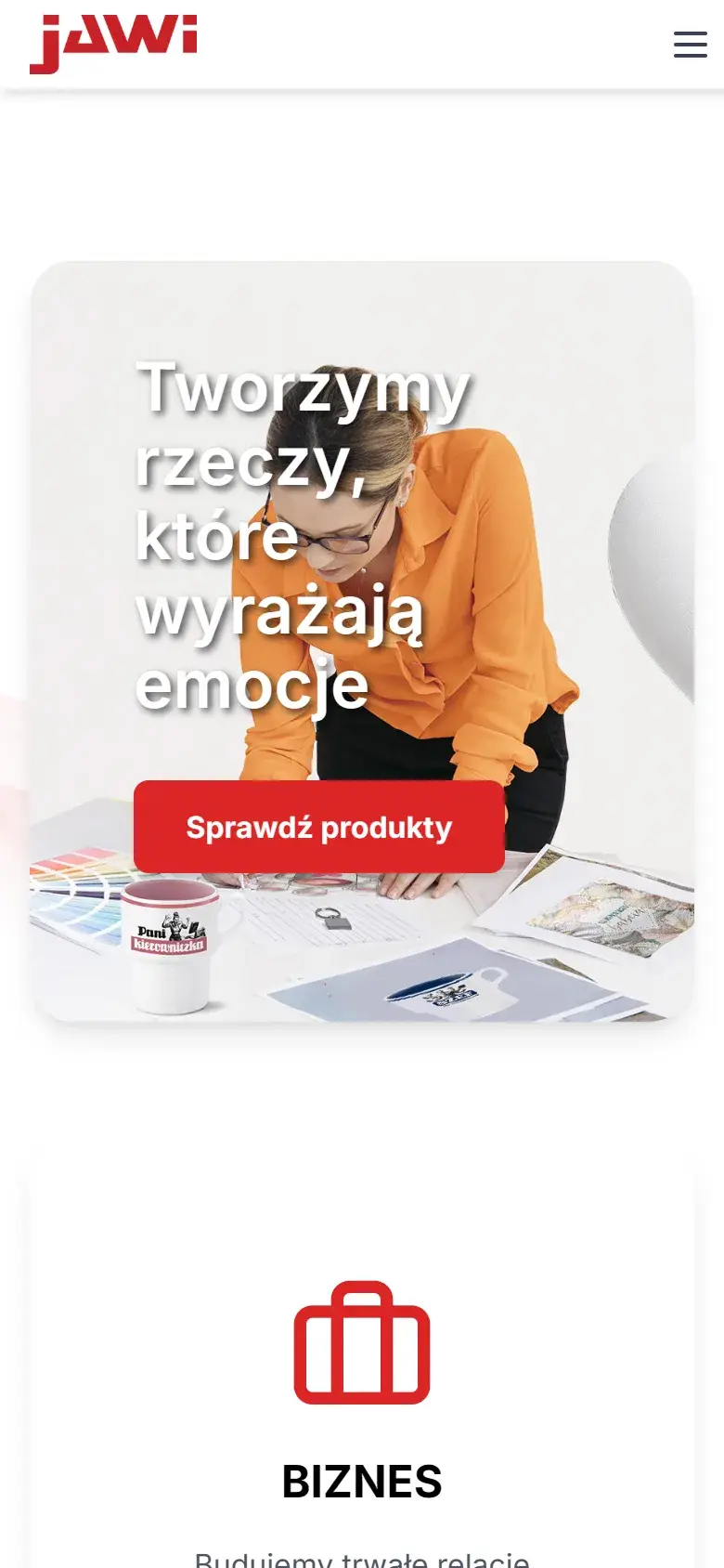 Zrzut ekranu strony JAWI - producent i dystrybutor upominków - widok mobilny
